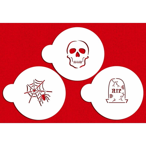 Designer Stencils Scary Halloween Cookie Stencil Set, (Spider Web, Skull, Gravestone), Beige/semi-transparent