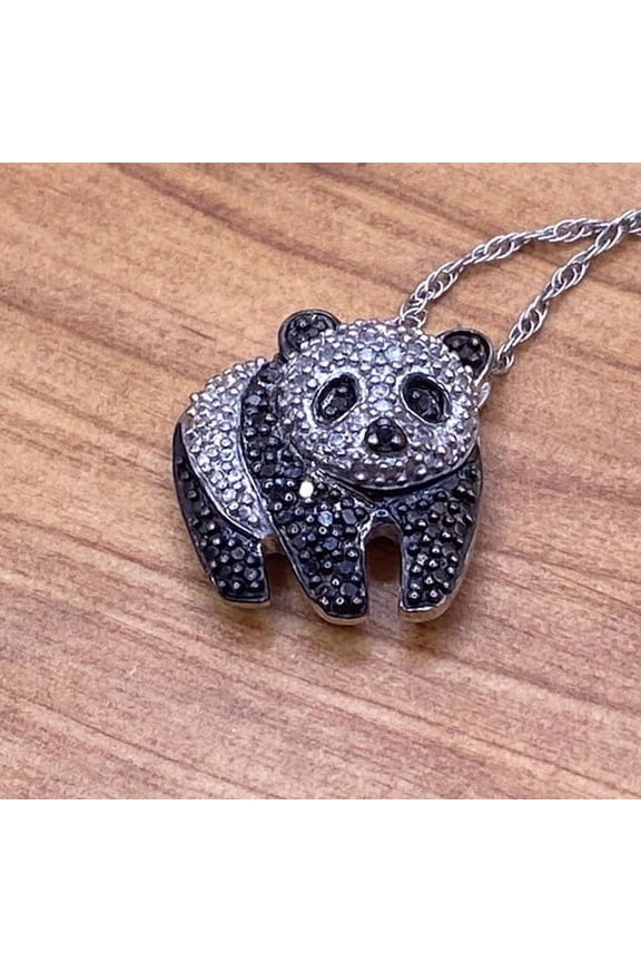 Designer Sterling Silver 2 Ct Black And White Diamonds Panda Pendant Chain