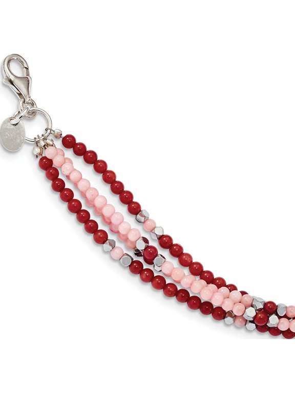 Designer Sterling Silver Hematite/Red & Peach Coral 3-Strand With 1In Ext. Bracelet (Length=7.5) Made In Thailand