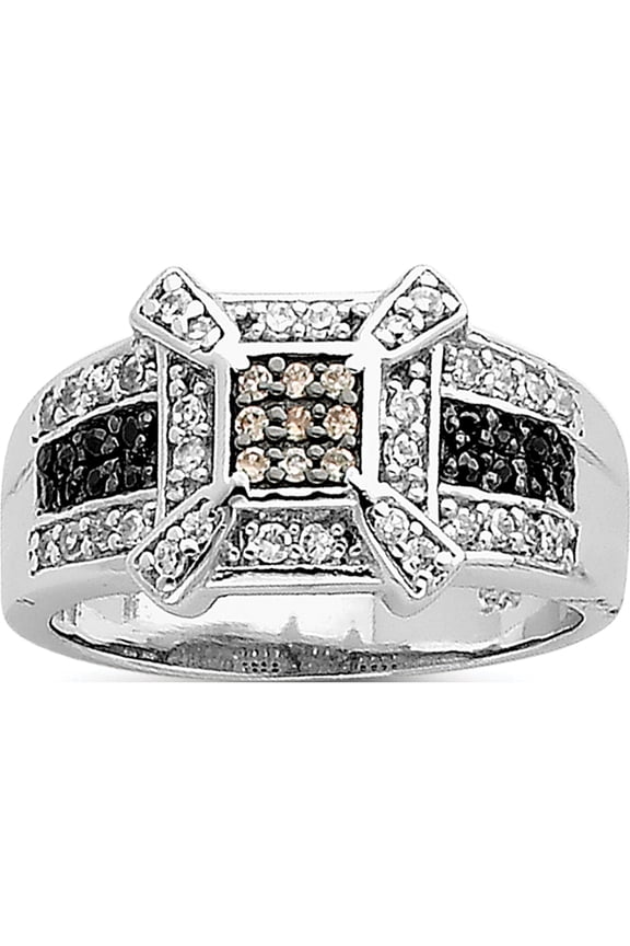 Designer Sterling Silver Rhodium Champ/Black/White Cz Square Ring Made In China -Jewelry By Sweet Pea Creations