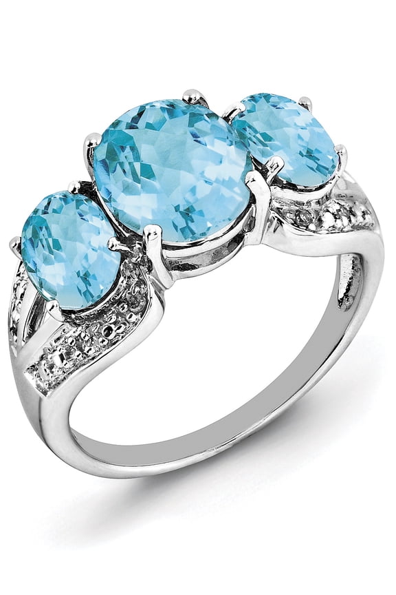 Sterling Silver Rhodium Checker-Cut Blue Topaz & Diam. Ring