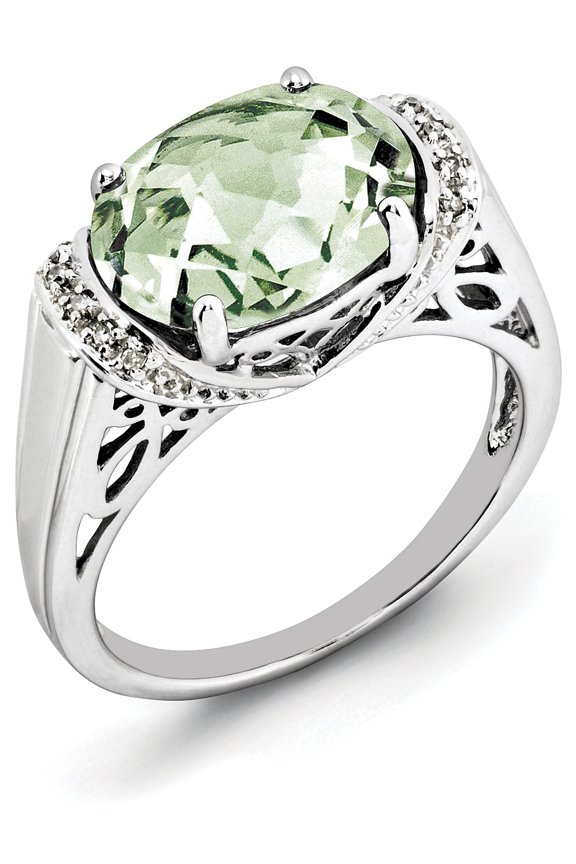 Designer Sterling Silver Rhodium Checker-Cut Green Quartz & Diam. Ring Made In Thailand -Jewelry By Sweet Pea Creations