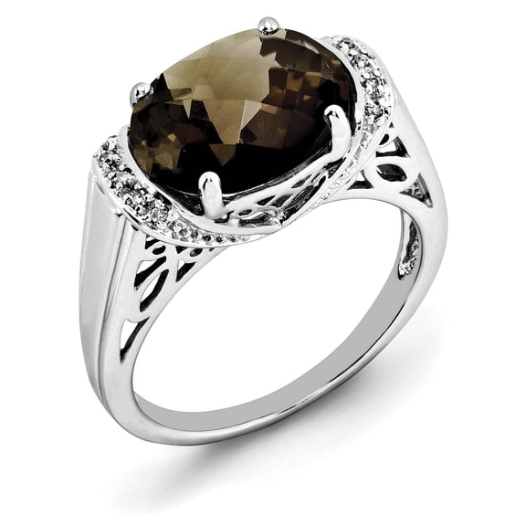 Designer Sterling Silver Rhodium Checker-Cut Smoky Quartz & Diam. Ring Made In Thailand -Jewelry By Sweet Pea Creations