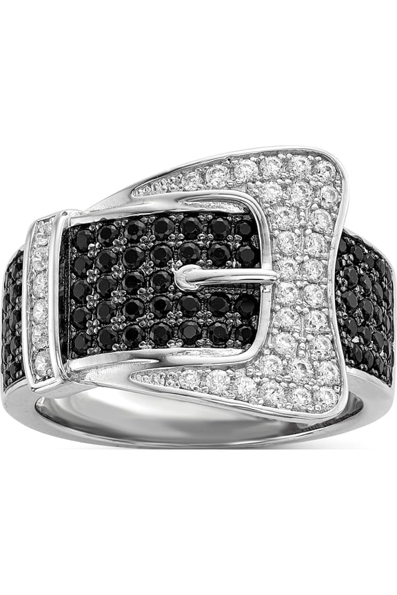 Brilliant Embers Sterling Silver Rhodium-plated 109 Stone Micro Pav‚ Black and White CZ Buckle Ring