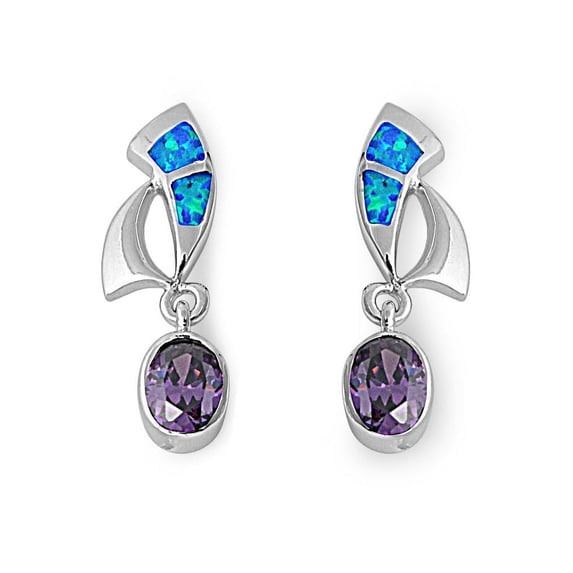 Designer Style Cubic Zirconia Blue Simulated Opal Earrings Sterling Silver