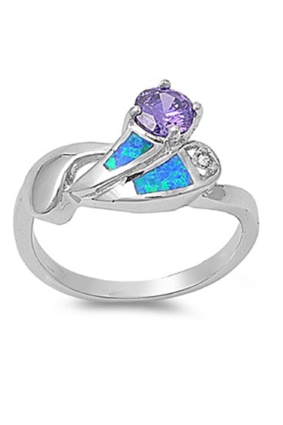 Designer Style Patterned Simulated Amethyst Cubic Zirconia Blue Simulated Opal Ring Sterling Silver Size 9