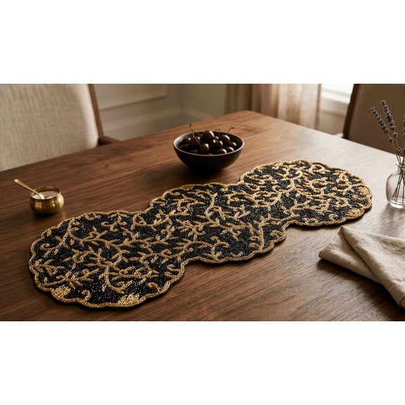 Designer Table Runner, Handmade Beads Table Runner, Black And Gold Luxury Table Runner 13X36 Inch