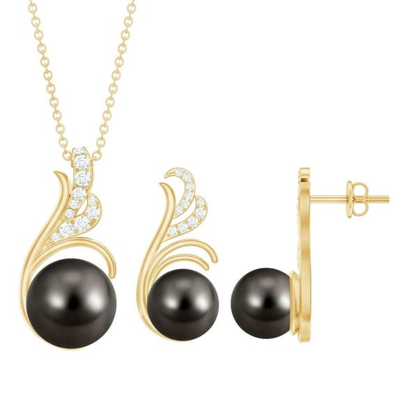 Rosec Jewels Designer Tahitian Pearl Jewelry Set with Moissanite - AAA Quality - Ready to Gift, 14K Yellow Gold