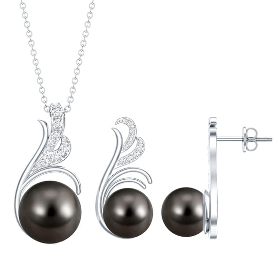 Rosec Jewels Tahitian Pearl Diamond Jewelry Set for Women - AAA Quality - Designer Necklace and Earrings Set with Jewelry Box, 18K White Gold