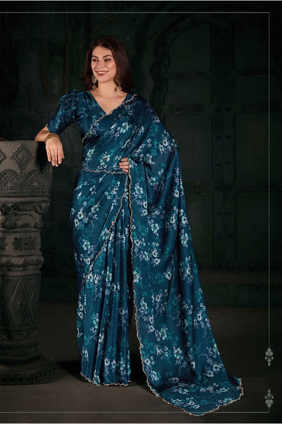 Designer Teal Blue Digital Print Zarkan Border Satin Saree