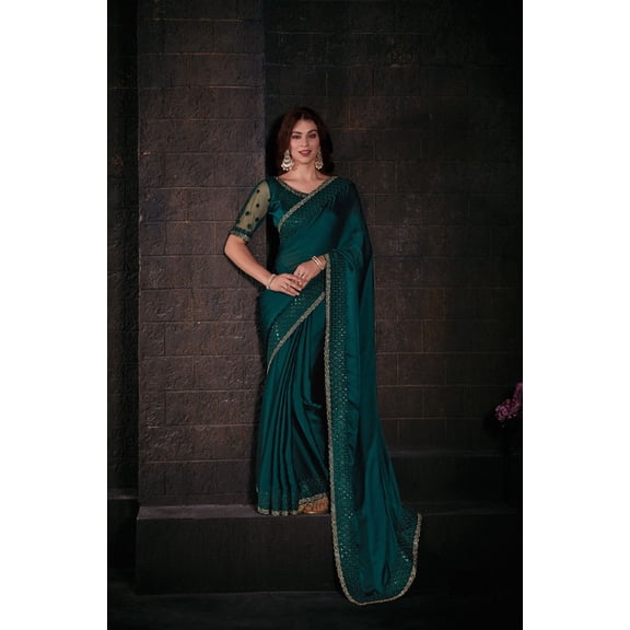 Designer Teal Blue Resham Sequins Embroidery Silk Saree