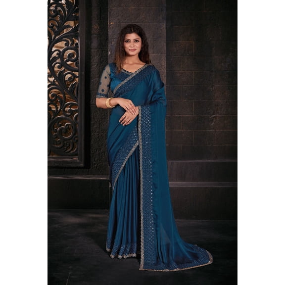 Designer Teal Blue Resham Sequins Embroidery Silk Saree