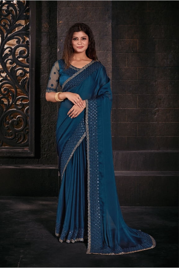 Designer Teal Blue Resham Sequins Embroidery Silk Saree
