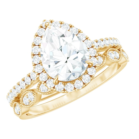 Rosec Jewels Certified Moissanite Marriage Ring Set - D-Vs1 Quality - Teardrop Engagement Ring with Wedding Band, 10K Yellow Gold, US 5.50