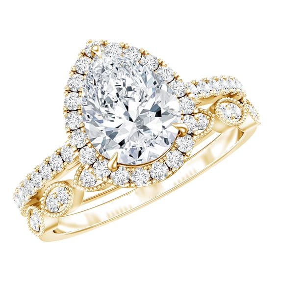 Rosec Jewels Certified Moissanite Marriage Ring Set - D-Vs1 Quality - Teardrop Engagement Ring with Wedding Band, 14K Yellow Gold, US 11.50