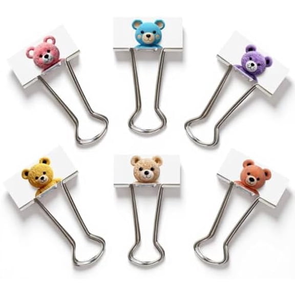 Designer Teddy Bear Binder Clips Cute Aesthetic Paper Clips for Desk Decor, Journals & Office Organization 6-Pack (Medium Size)$$Office