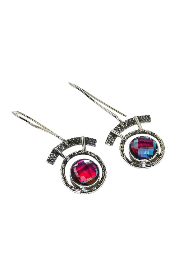 Designer Textured 925 Sterling Silver Black Rainbow Mystic Topaz Earring Size 1.77", Dangle Handmade Earring, Topaz Earring, Black Earring, Gemstone E