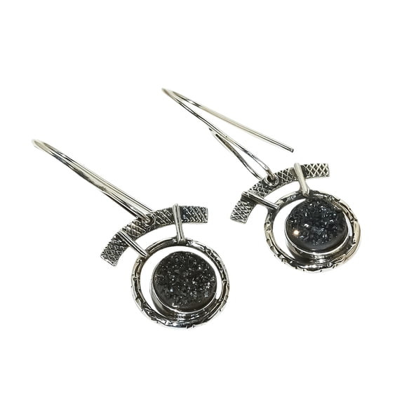 Designer Textured Solid 925 Silver Carbon Tektite Drusy Earring 1.77" (SE288-9)