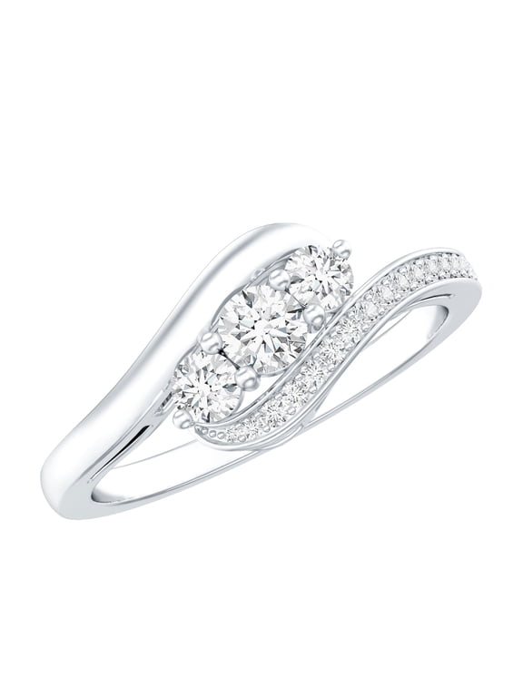 Certified Moissanite 3 Stone Promise Ring - Bypass Ring for Women - Ready to Gift with Jewelry Box, 925 Sterling Silver, US 4.00