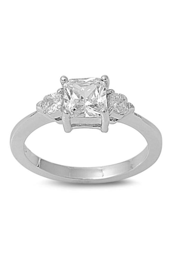 Designer Three-Stones Princess Center Cubic Zirconia Ring Sterling Silver 925