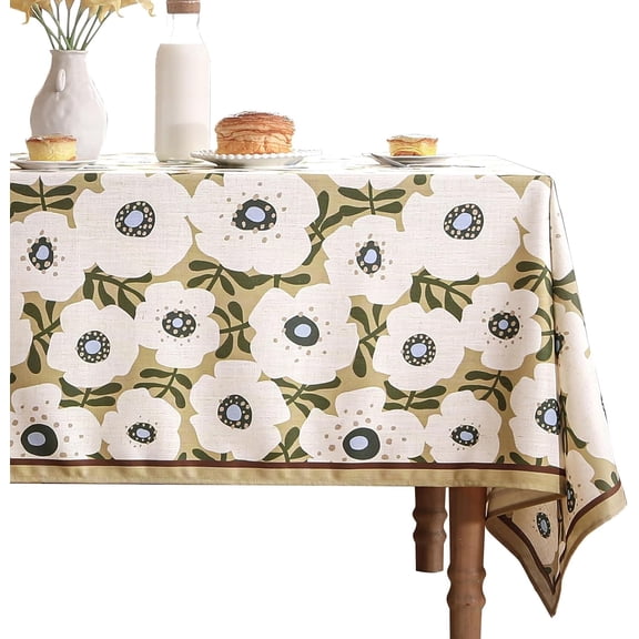 Designer Vintage Square Tablecloth,Linen French Tablecloth with White Floral Pattern,Decorative Table Cover for Kitchen,Dining,Thanksgiving,Tea Party,67" × 67"-Hidaka