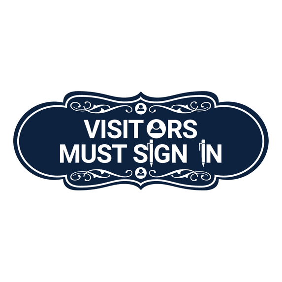 Designer Visitors Must Sign In Sign (Navy Blue / White) - Small