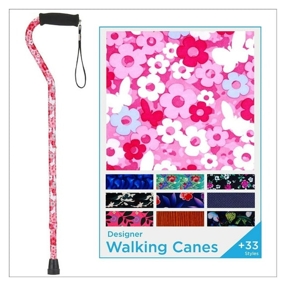 Designer Walking Cane with Offset Handle, Lightweight Adjustable Walking Stick with Carrying Strap, “Pink Petal Power” Design