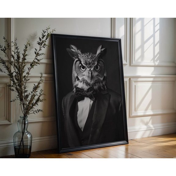 Designer Wall Art Owl Portrait Print Anthropomorphic Animal In Suit Bow Tie