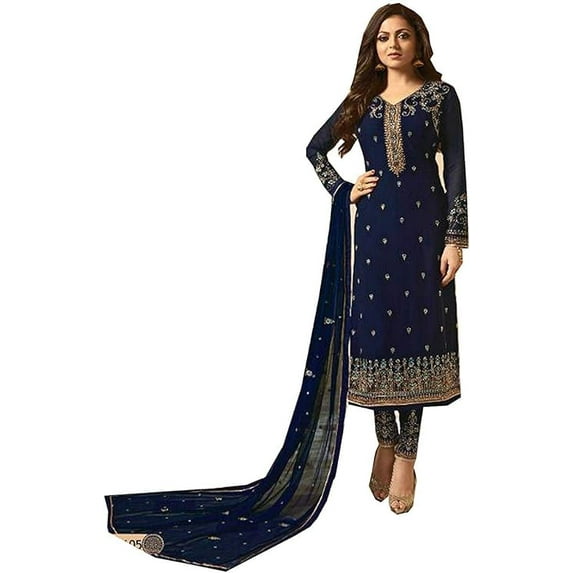 Designer Wedding Wear Indian Churidar Outfits Pakistani Shalwar Kameez Suits ( Dark Blue, 6XL - 54 )