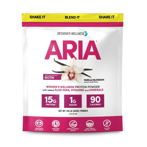 Designer Wellness, Aria, Women's Wellness Low Calorie Protein Powder with Biotin, Vitamin C and Organic Aloe, Vanilla, 1.85 lb
