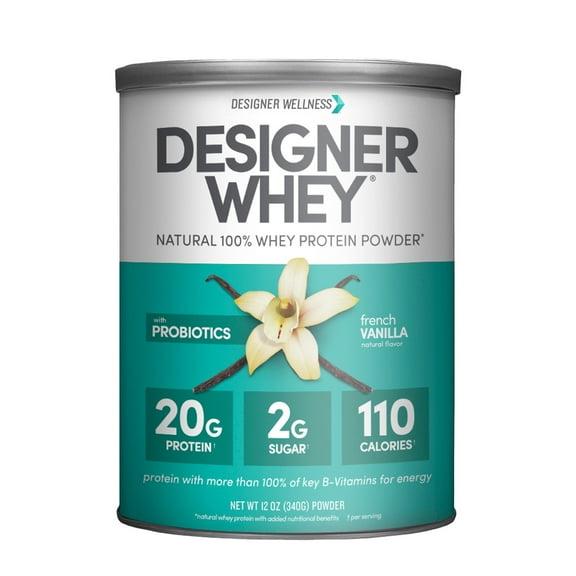 Designer Wellness, Designer Whey, Natural 100% Whey Protein Powder with Probiotics, Fiber, and Key B-Vitamins for Energy, Gluten-Free, French Vanilla, 12oz