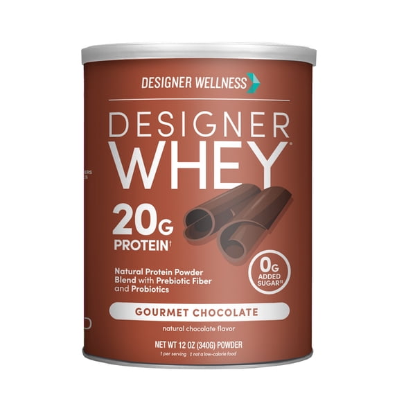 Designer Wellness, Designer Whey, Natural 100% Whey Protein Powder with Probiotics, Fiber, and Key B-Vitamins for Energy, Gluten-Free, Gourmet Chocolate, 12oz