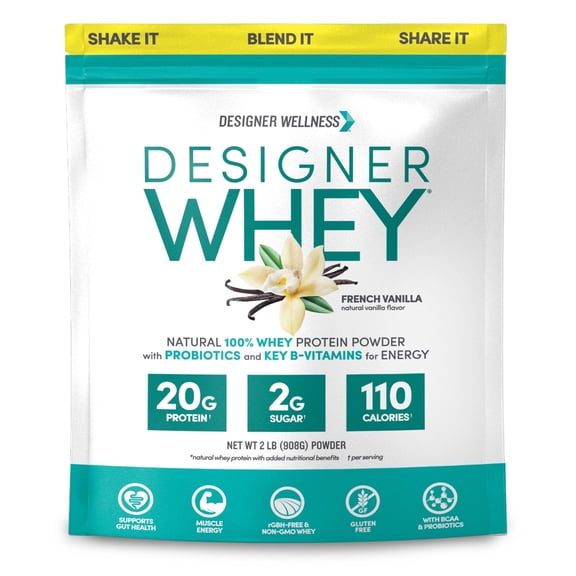 Designer Wellness 100% Whey Protein Powder with Probiotics & Fiber, French Vanilla, 2 lb, 20g Protein, Gluten-Free, Non-GMO