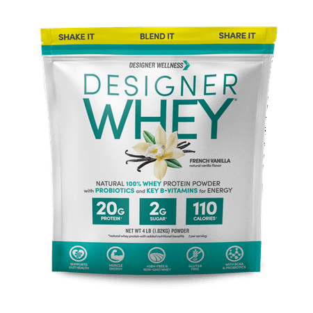 Designer Wellness, Designer Whey, Natural 100% Whey Protein Powder with Probiotics, Fiber, and Key B-Vitamins for Energy, Gluten-free, Non-GMO, French Vanilla, 4 lb