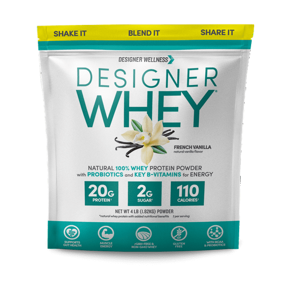 Designer Wellness, Designer Whey, Natural 100% Whey Protein Powder with Probiotics, Fiber, and Key B-Vitamins for Energy, Gluten-free, Non-GMO, French Vanilla, 4 lb