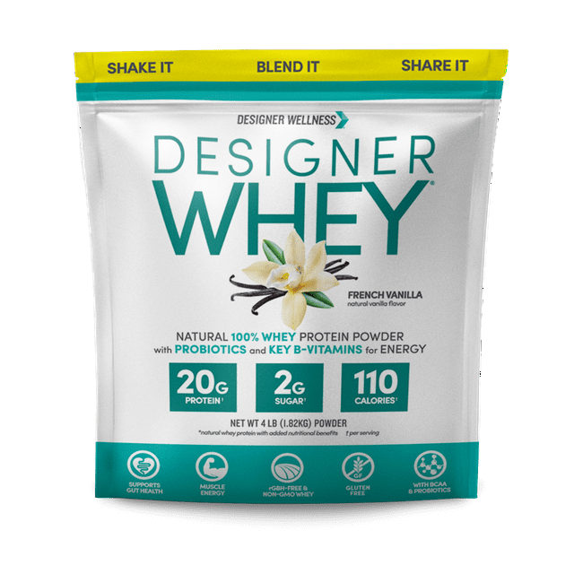Designer Wellness, Designer Whey, Natural 100% Whey Protein Powder with Probiotics, Fiber, and Key B-Vitamins for Energy, Gluten-free, Non-GMO, French Vanilla, 4 lb