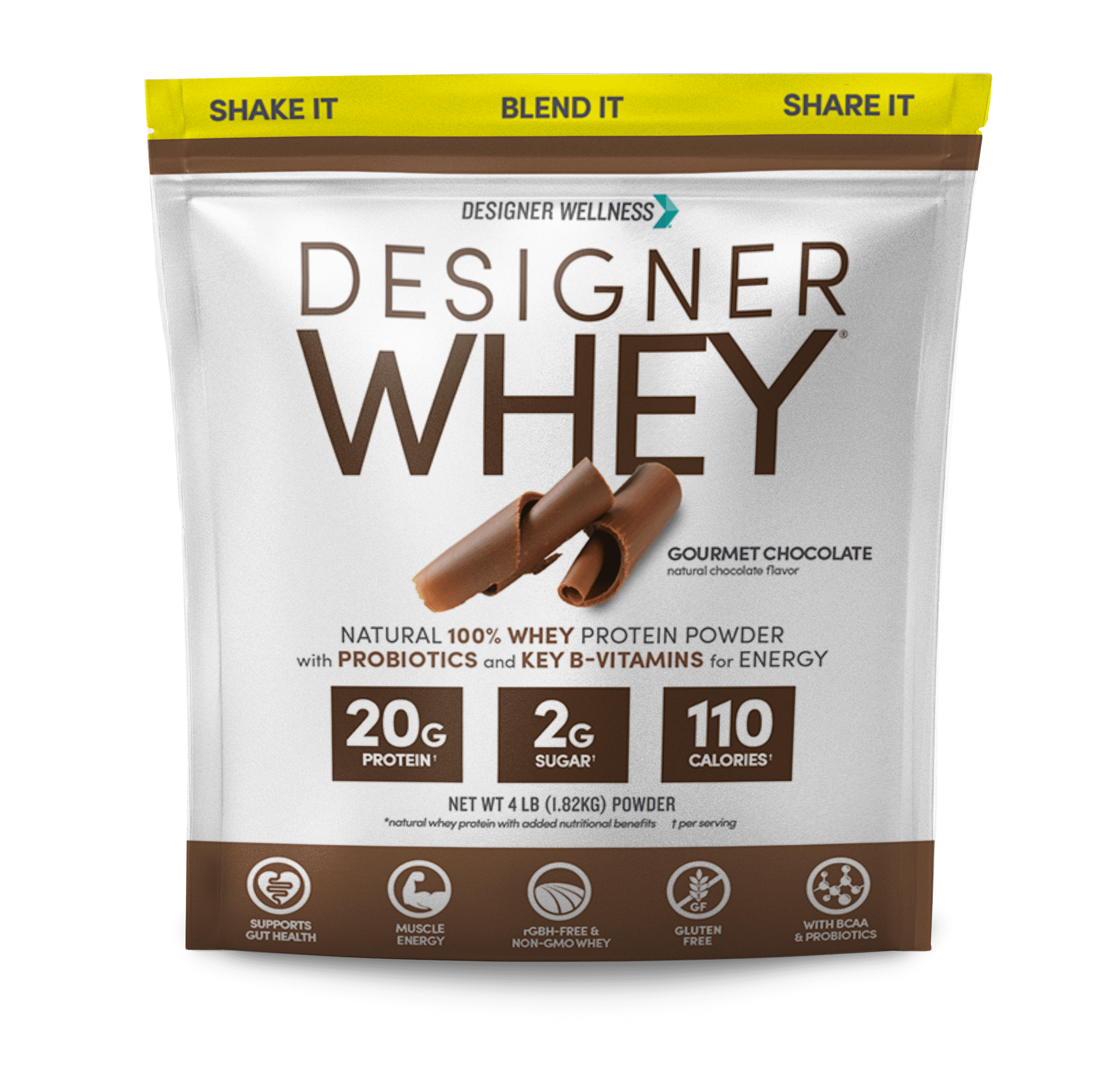 Designer Wellness, Designer Whey, Natural 100% Whey Protein Powder with Probiotics, Fiber, and Key B-Vitamins for Energy, Gluten-free, Non-GMO, Gourmet Chocolate, 4 lb