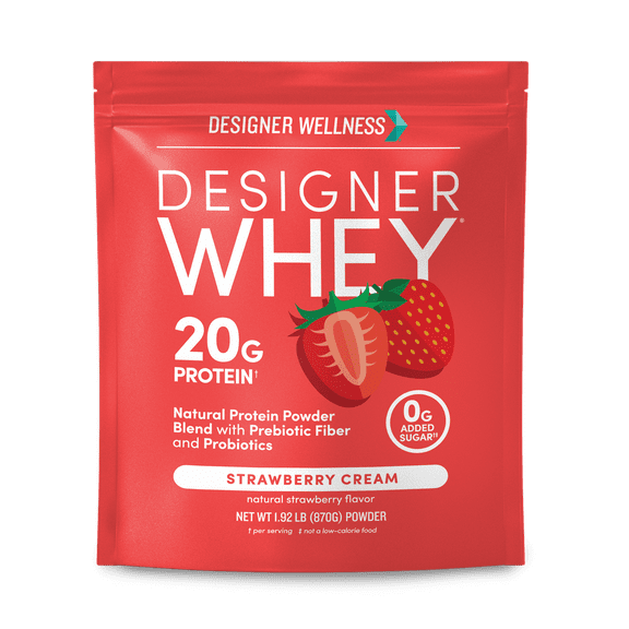 Designer Wellness, Designer Whey, Natural 100% Whey Protein Powder with Probiotics, Fiber, and Key B-Vitamins for Energy, Gluten-free, Non-GMO, Summer Strawberry, 2 lb