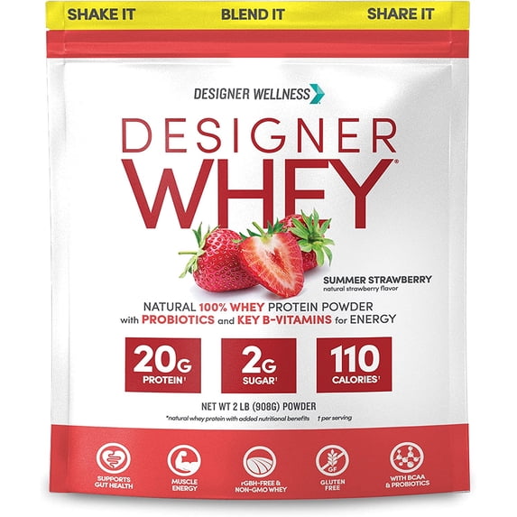 Designer Wellness, Designer Whey, Natural 100% Whey Protein Powder with Probiotics, Fiber, and Key B-Vitamins for Energy, Gluten-free, Non-GMO, Summer Strawberry, 2 lb