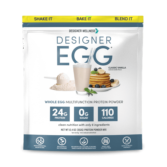 Designer Wellness , Designer Egg, Natural Egg Yolk & White Protein Powder, 24g Protein, Keto and Paleo Friendly, Less Fat and Cholesterol, Vanilla, 12.4 oz