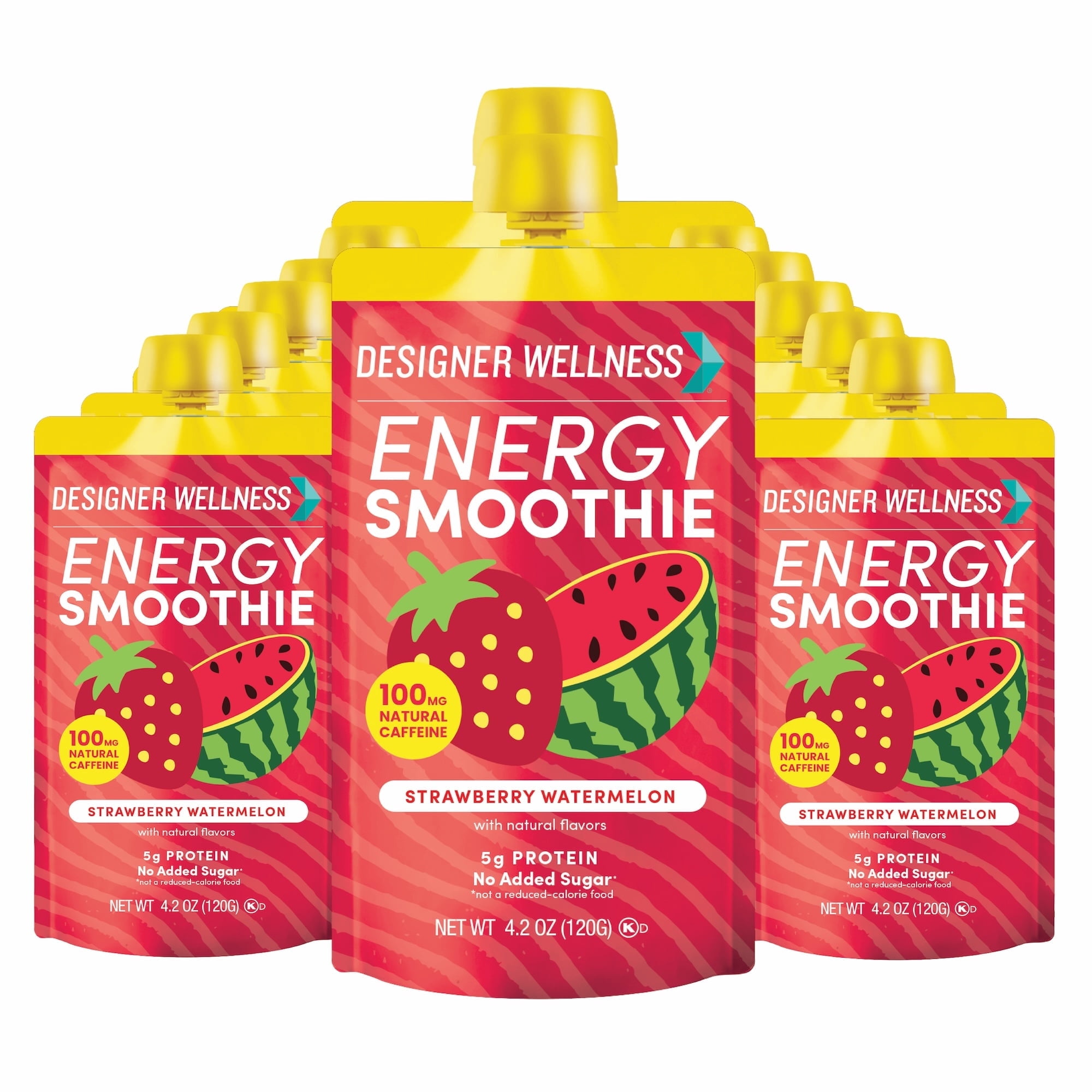 Designer Wellness Energy Smoothie, Real Fruit, 100mg Natural Caffeine, 5g Protein, Low Carb, Zero Added Sugar, Gluten-Free, Stawberry Watermelon, 12 Count