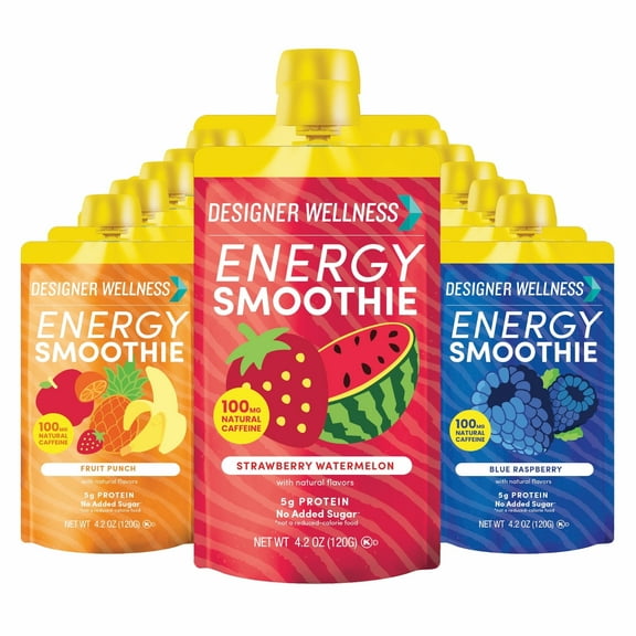 Designer Wellness Energy Smoothie, Real Fruit, 100mg Natural Caffeine, 5g Protein, Low Carb, Zero Added Sugar, Gluten-Free, Variety Pack, 12 Count