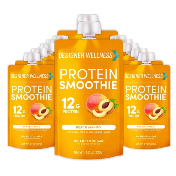Designer Wellness Protein Smoothie, 12 Count, Peach Mango, Real Fruit, 12g Protein, Low Carb, Zero Added Sugar, Gluten-Free