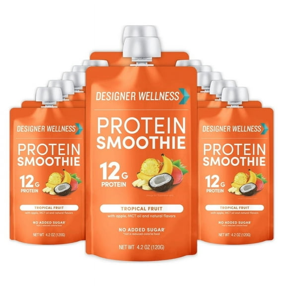 Designer Wellness Protein Smoothie, 12 Count, Tropical Fruit, Real Fruit, 12g Protein, Low Carb, Zero Added Sugar, Gluten-Free