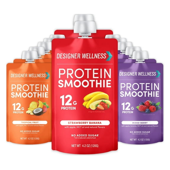 Designer Wellness Protein Smoothie, 12 Count, Variety Pack, Real Fruit, 12g Protein, Low Carb, Zero Added Sugar, Gluten-Free