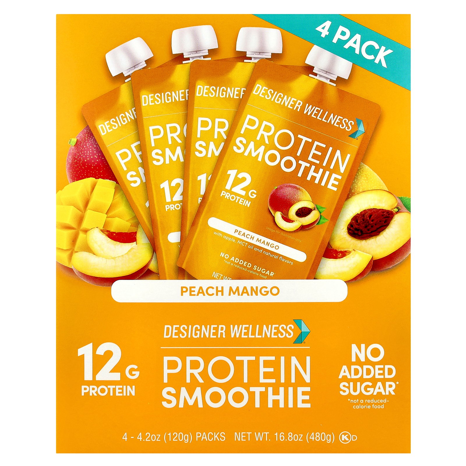 Designer Wellness Protein Smoothie, Peach Mango, 4 Packs, 4.2 oz 120 g Each