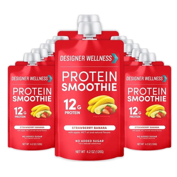 Designer Wellness Protein Smoothie, 12 Count, Strawberry Banana, Real Fruit, 12g Protein, Low Carb, Zero Added Sugar, Gluten-Free