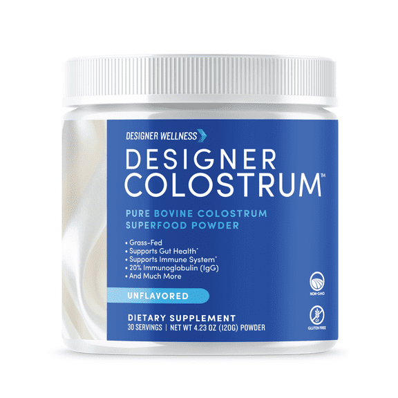Designer Wellness, Pure Bovine Colostrum Superfood Powder, Gut Health & Bloating, Immune Support, Skin & Hair, Gluten & Fat-Free, Unflavored, 30 Servings