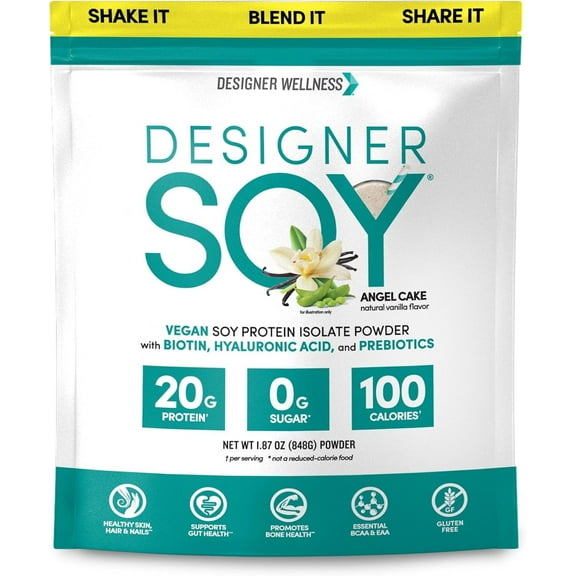 Designer Wellness, Soy Isolate Protein Powder with Biotin, Hyaluronic Acid and Prebiotics, Vegan, Zero Sugar, Angel Cake Natural Vanilla Flavor, 1.87 lb