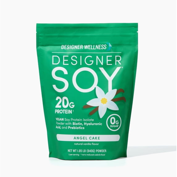 Designer Wellness, Soy Isolate Protein Powder with Biotin, Hyaluronic Acid and Prebiotics, Vegan, Zero Sugar, Angel Cake Natural Vanilla Flavor, 1.87 lb